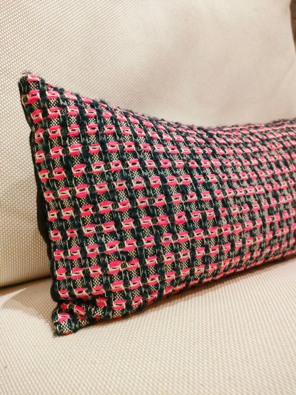 Cuscino rettangolare cotone operato verde e fucsia
