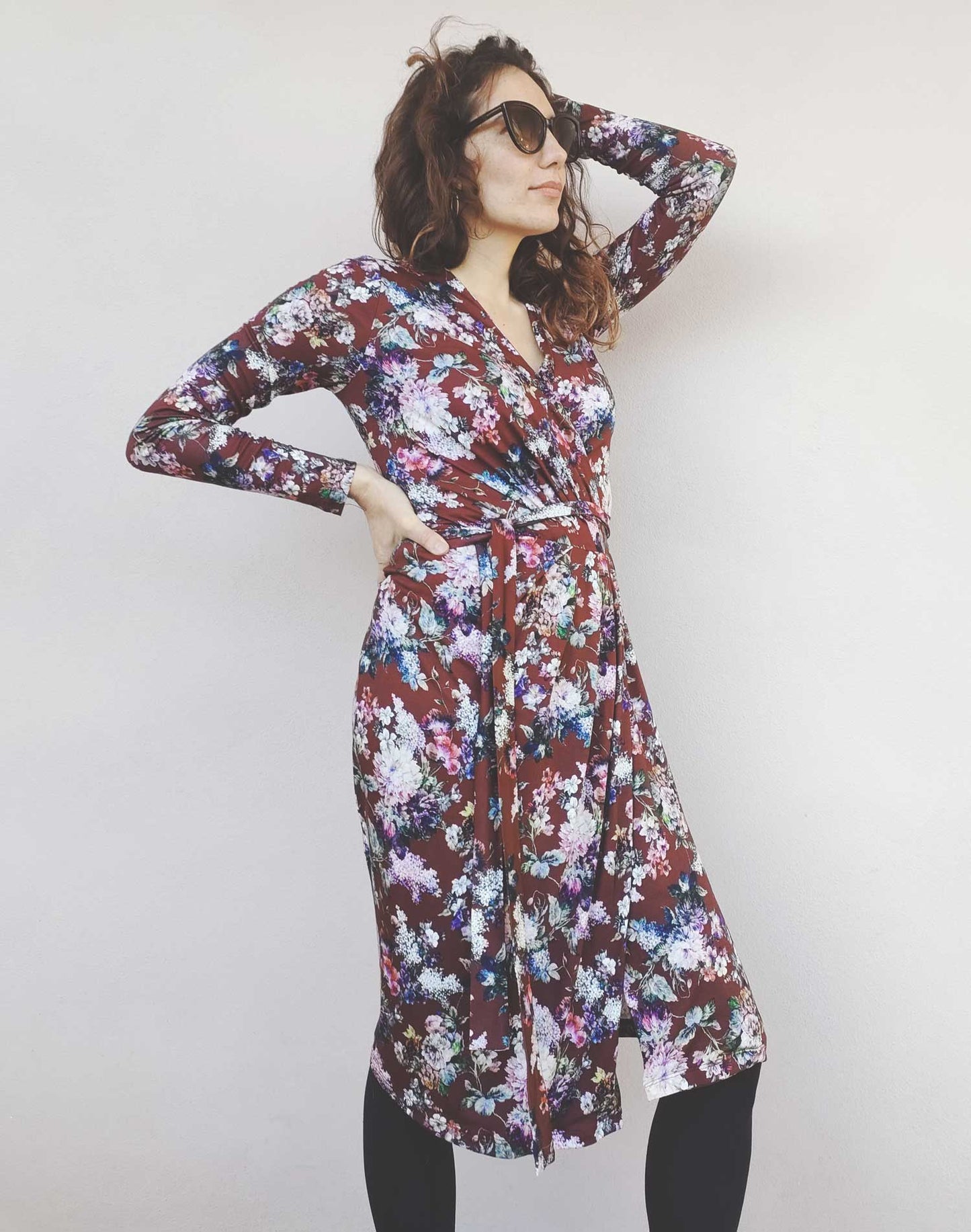 Abito Portafoglio in maglia a fiori bordeaux