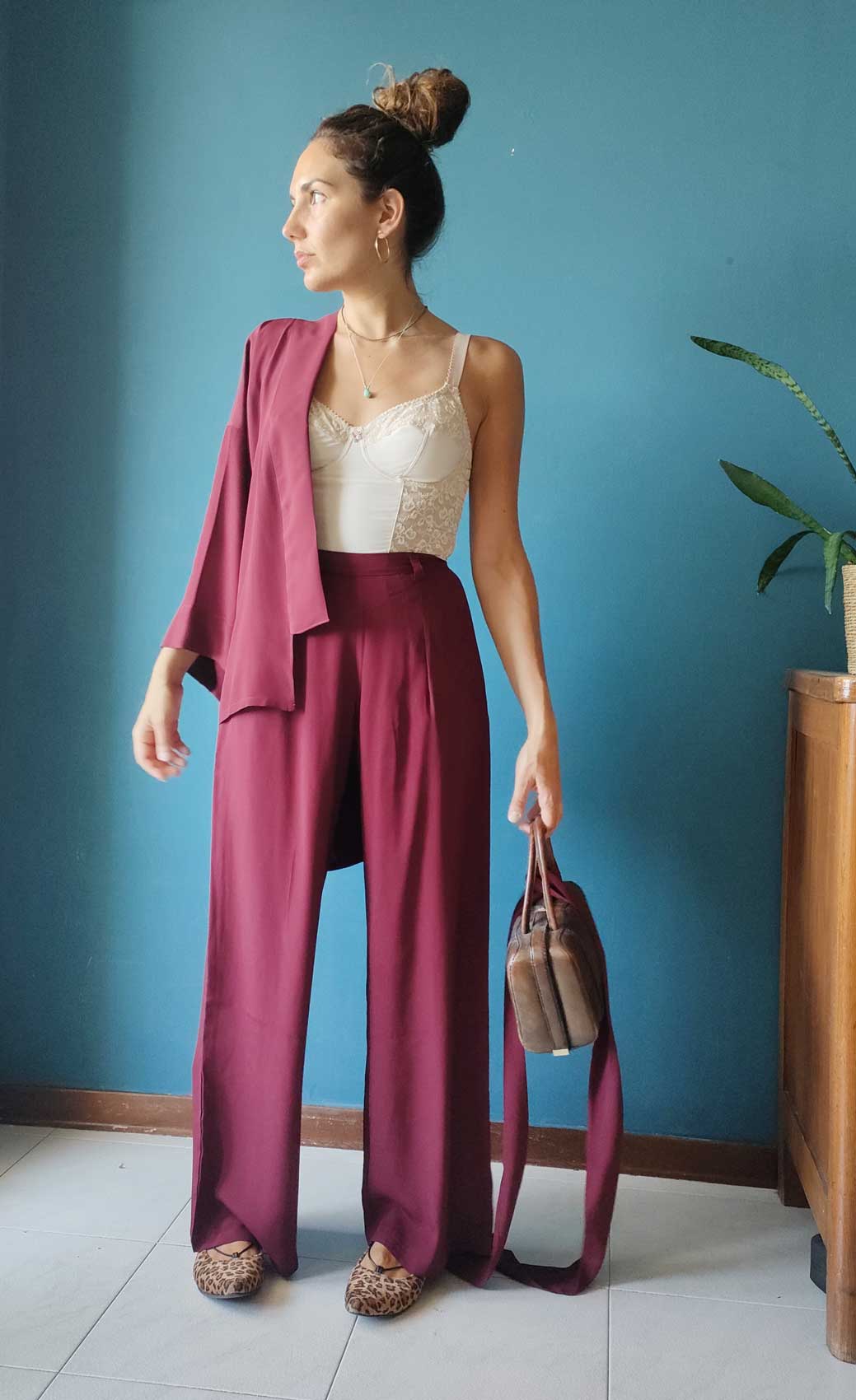 Completo con Kimono e Sayuri in seta bordeaux