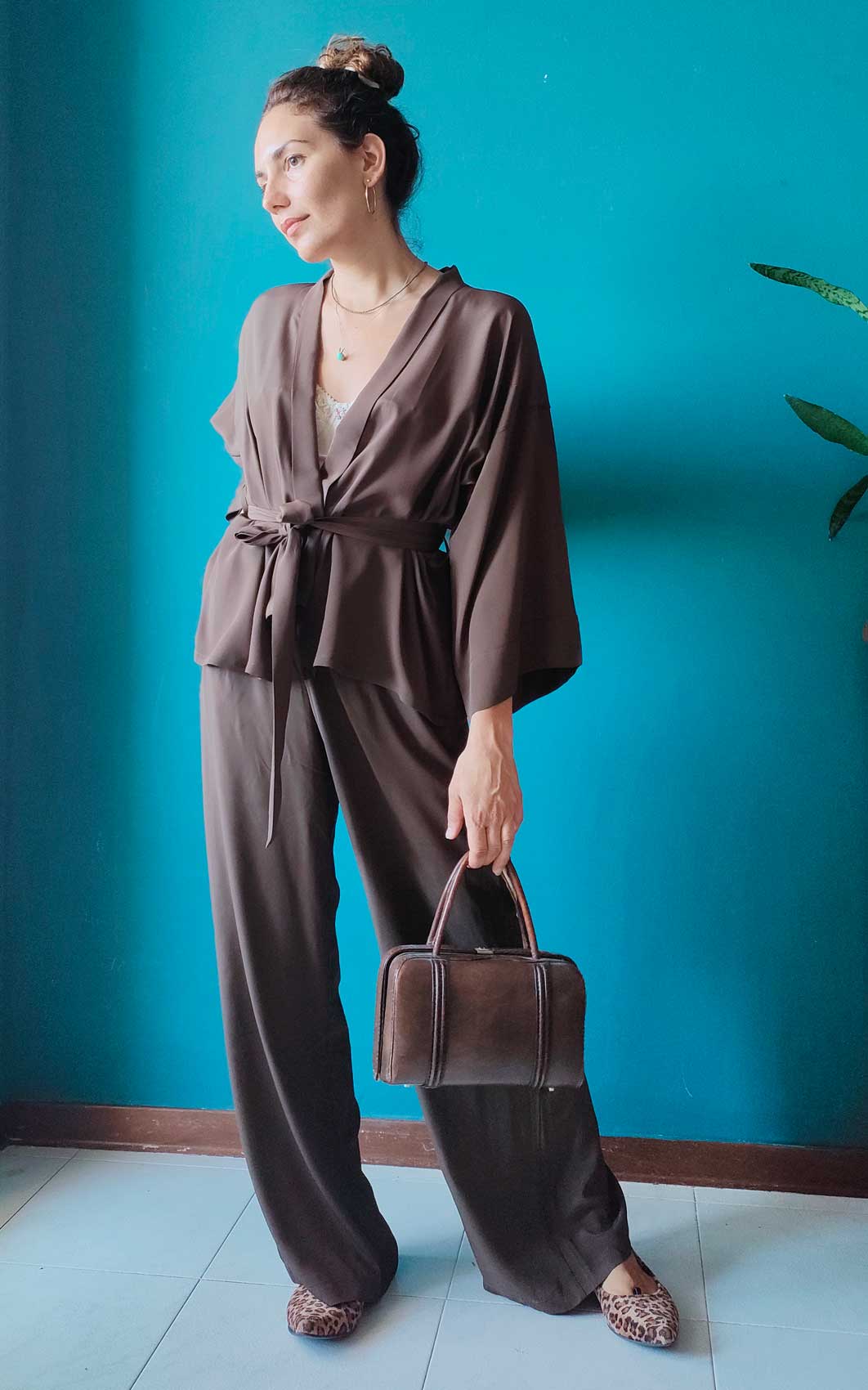 Giacca Kimono in seta marrone