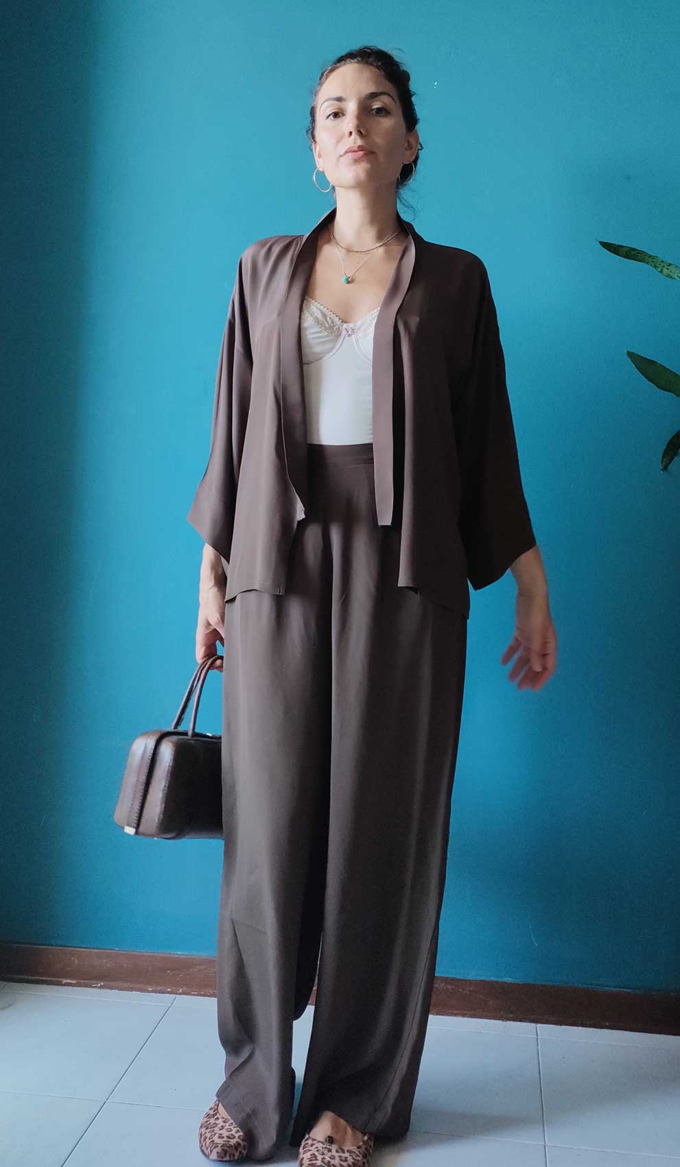 Completo con Kimono e Sayuri in seta marrone