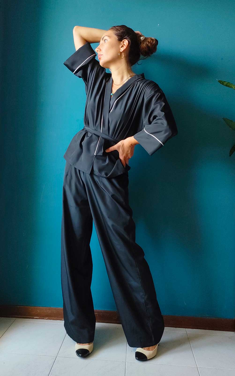 Completo con Kimono e Sayuri in seta nero
